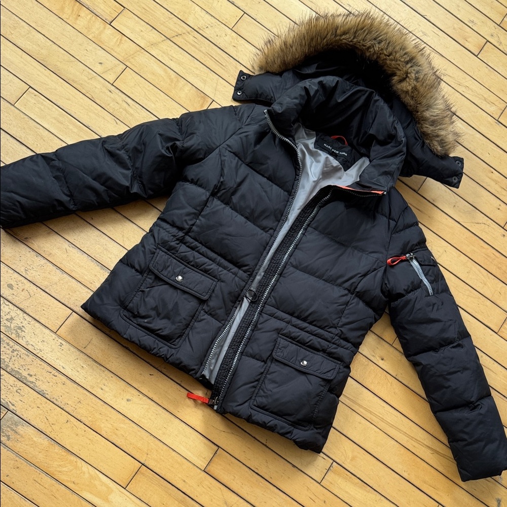 Marc New York Black Puffer Jacket with Fur Trim